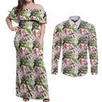 Aussie Pink Cockatoo Flowers Seamless Pattern Couples Matching Off Shoulder Maxi Dress and Long Sleeve Button Shirt - Aussie Hoodie