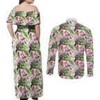 Aussie Pink Cockatoo Flowers Seamless Pattern Couples Matching Off Shoulder Maxi Dress and Long Sleeve Button Shirt - Aussie Hoodie