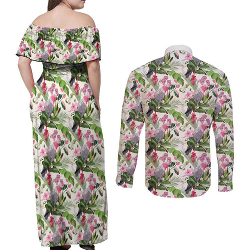 Aussie Pink Cockatoo Flowers Seamless Pattern Couples Matching Off Shoulder Maxi Dress and Long Sleeve Button Shirt - Aussie Hoodie