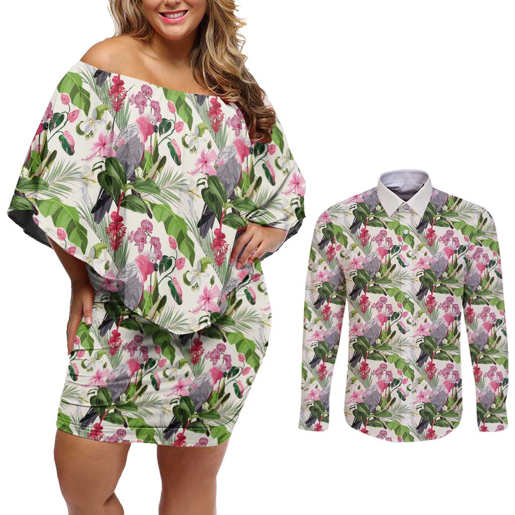 Aussie Pink Cockatoo Flowers Seamless Pattern Couples Matching Off Shoulder Short Dress and Long Sleeve Button Shirt - Aussie Hoodie