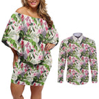 Aussie Pink Cockatoo Flowers Seamless Pattern Couples Matching Off Shoulder Short Dress and Long Sleeve Button Shirt - Aussie Hoodie