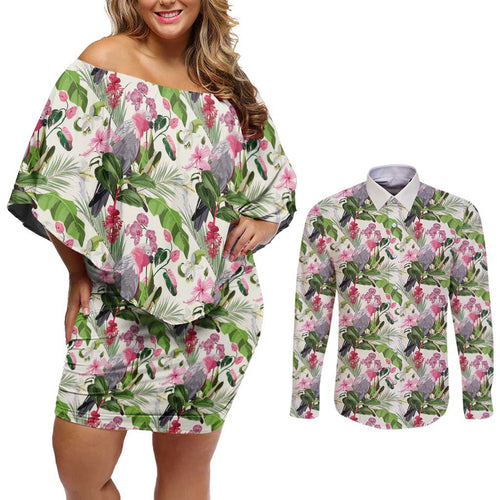 Aussie Pink Cockatoo Flowers Seamless Pattern Couples Matching Off Shoulder Short Dress and Long Sleeve Button Shirt - Aussie Hoodie