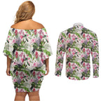 Aussie Pink Cockatoo Flowers Seamless Pattern Couples Matching Off Shoulder Short Dress and Long Sleeve Button Shirt - Aussie Hoodie