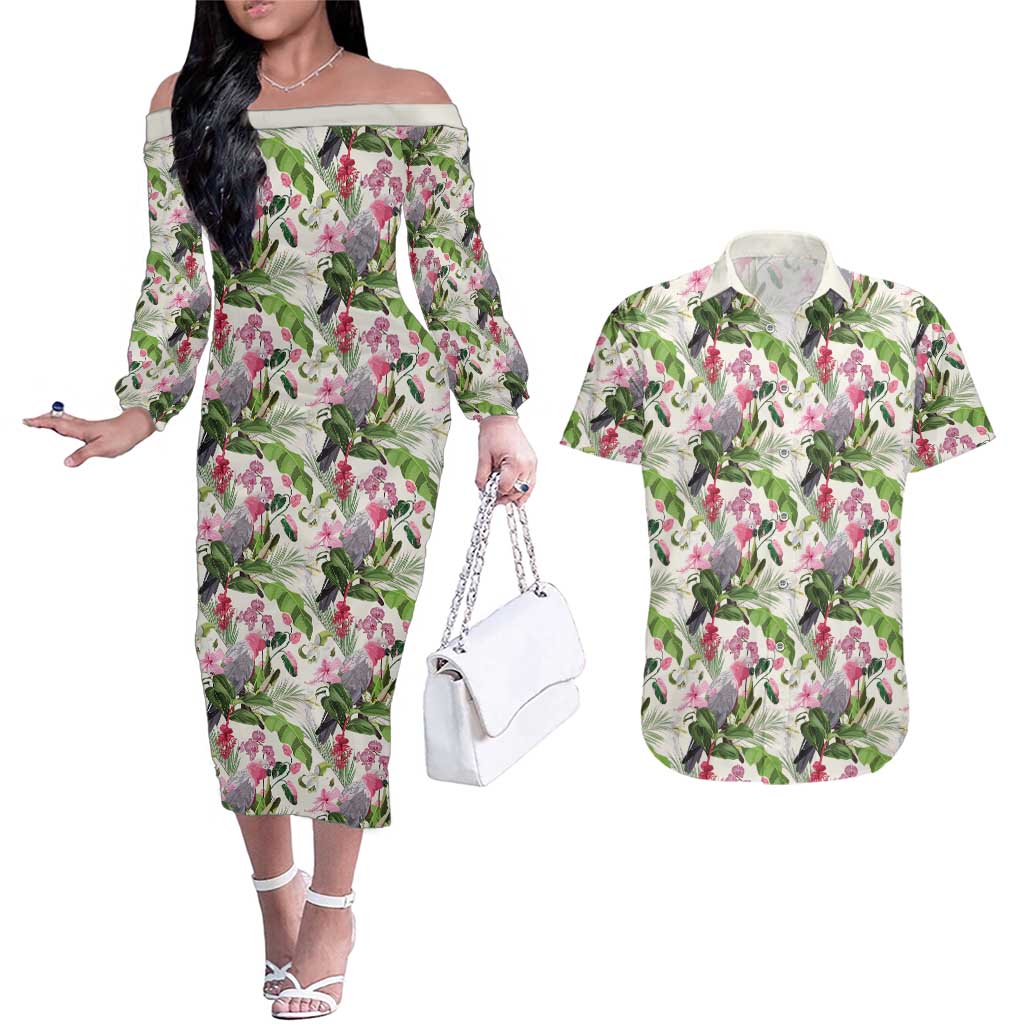 Aussie Pink Cockatoo Flowers Seamless Pattern Couples Matching Off The Shoulder Long Sleeve Dress and Hawaiian Shirt - Aussie Hoodie