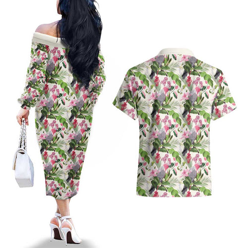 Aussie Pink Cockatoo Flowers Seamless Pattern Couples Matching Off The Shoulder Long Sleeve Dress and Hawaiian Shirt - Aussie Hoodie