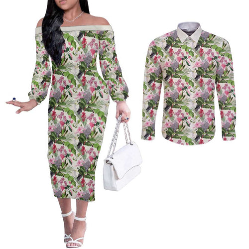 Aussie Pink Cockatoo Flowers Seamless Pattern Couples Matching Off The Shoulder Long Sleeve Dress and Long Sleeve Button Shirt - Aussie Hoodie