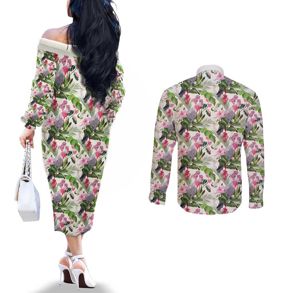 Aussie Pink Cockatoo Flowers Seamless Pattern Couples Matching Off The Shoulder Long Sleeve Dress and Long Sleeve Button Shirt - Aussie Hoodie