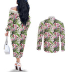 Aussie Pink Cockatoo Flowers Seamless Pattern Couples Matching Off The Shoulder Long Sleeve Dress and Long Sleeve Button Shirt - Aussie Hoodie