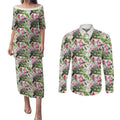 Aussie Pink Cockatoo Flowers Seamless Pattern Couples Matching Puletasi and Long Sleeve Button Shirt - Aussie Hoodie