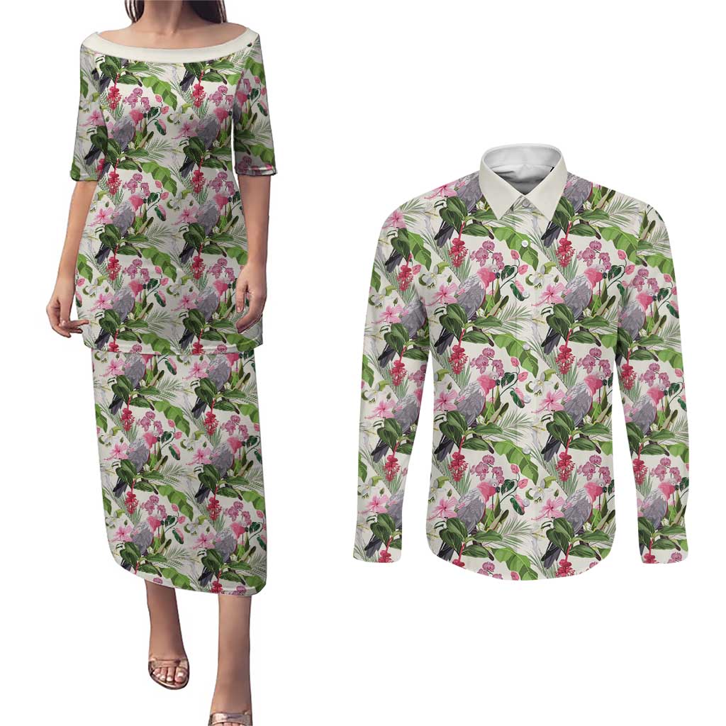 Aussie Pink Cockatoo Flowers Seamless Pattern Couples Matching Puletasi and Long Sleeve Button Shirt - Aussie Hoodie