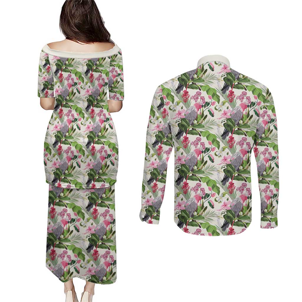 Aussie Pink Cockatoo Flowers Seamless Pattern Couples Matching Puletasi and Long Sleeve Button Shirt - Aussie Hoodie