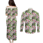 Aussie Pink Cockatoo Flowers Seamless Pattern Couples Matching Puletasi and Long Sleeve Button Shirt - Aussie Hoodie