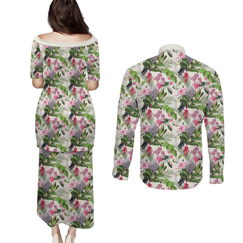 Aussie Pink Cockatoo Flowers Seamless Pattern Couples Matching Puletasi and Long Sleeve Button Shirt - Aussie Hoodie
