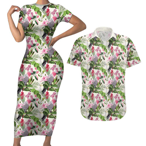 Aussie Pink Cockatoo Flowers Seamless Pattern Couples Matching Short Sleeve Bodycon Dress and Hawaiian Shirt - Aussie Hoodie