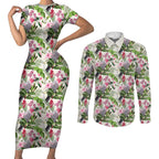 Aussie Pink Cockatoo Flowers Seamless Pattern Couples Matching Short Sleeve Bodycon Dress and Long Sleeve Button Shirt - Aussie Hoodie