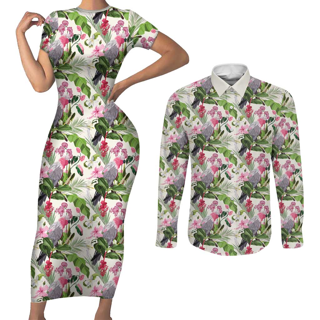 Aussie Pink Cockatoo Flowers Seamless Pattern Couples Matching Short Sleeve Bodycon Dress and Long Sleeve Button Shirt - Aussie Hoodie
