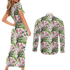 Aussie Pink Cockatoo Flowers Seamless Pattern Couples Matching Short Sleeve Bodycon Dress and Long Sleeve Button Shirt - Aussie Hoodie