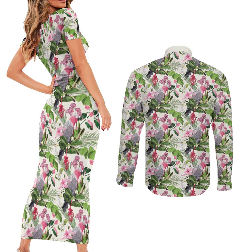 Aussie Pink Cockatoo Flowers Seamless Pattern Couples Matching Short Sleeve Bodycon Dress and Long Sleeve Button Shirt - Aussie Hoodie