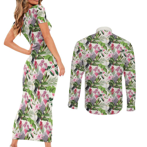 Aussie Pink Cockatoo Flowers Seamless Pattern Couples Matching Short Sleeve Bodycon Dress and Long Sleeve Button Shirt - Aussie Hoodie