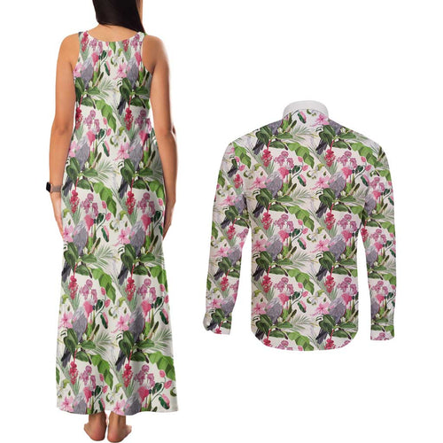 Aussie Pink Cockatoo Flowers Seamless Pattern Couples Matching Tank Maxi Dress and Long Sleeve Button Shirt - Aussie Hoodie