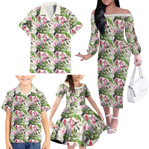Aussie Pink Cockatoo Flowers Seamless Pattern Family Matching Off The Shoulder Long Sleeve Dress and Hawaiian Shirt - Aussie Hoodie