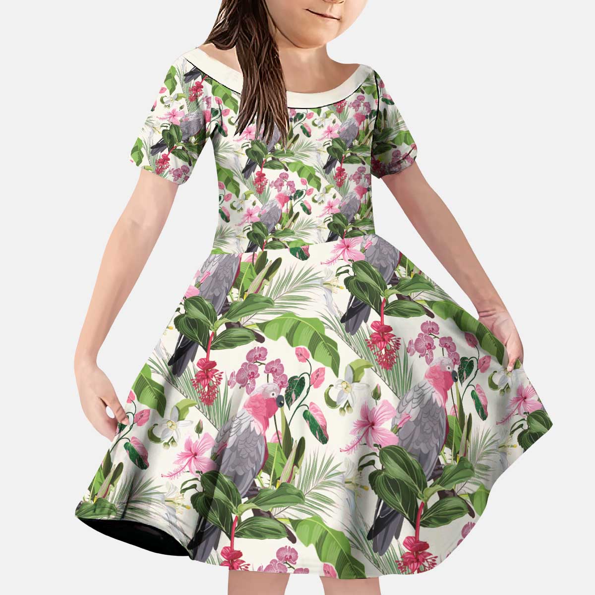 Aussie Pink Cockatoo Flowers Seamless Pattern Kid Short Sleeve Dress - Aussie Hoodie