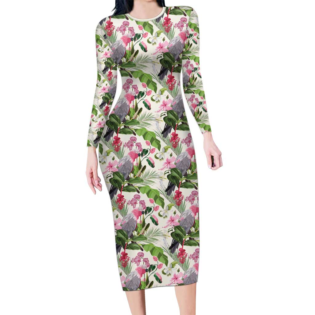 Aussie Pink Cockatoo Flowers Seamless Pattern Long Sleeve Bodycon Dress - Aussie Hoodie