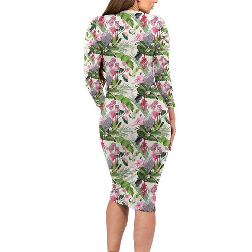 Aussie Pink Cockatoo Flowers Seamless Pattern Long Sleeve Bodycon Dress - Aussie Hoodie