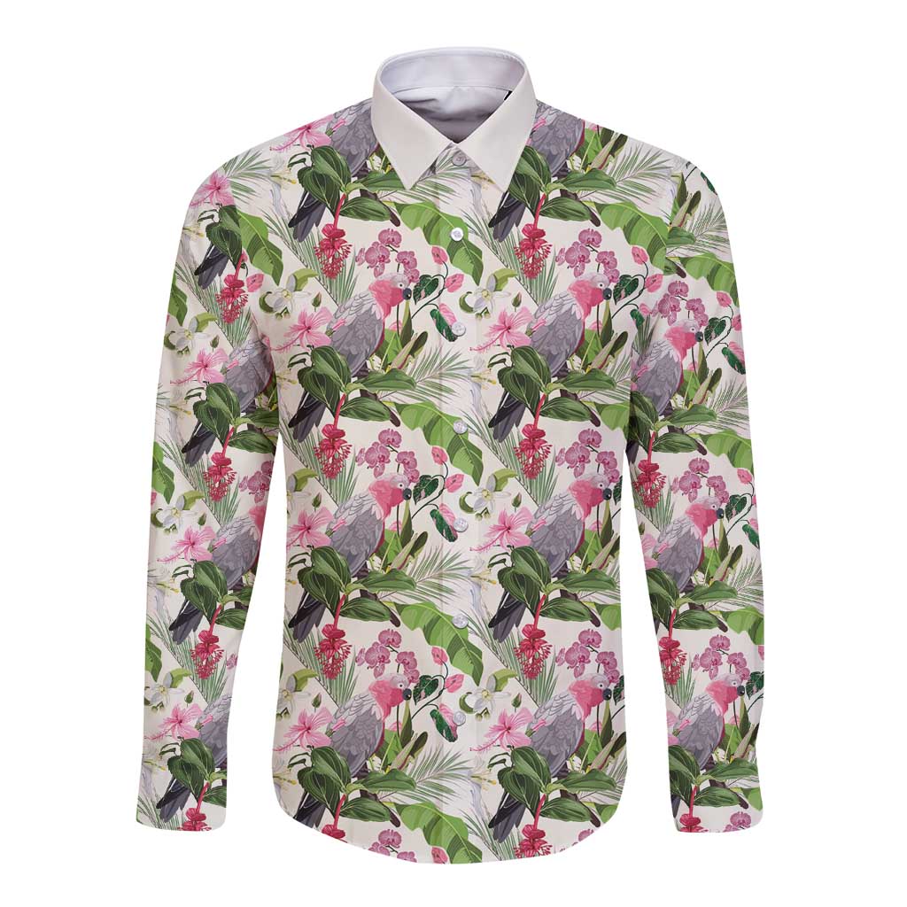 Aussie Pink Cockatoo Flowers Seamless Pattern Long Sleeve Button Shirt - Aussie Hoodie