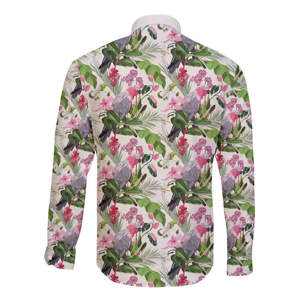 Aussie Pink Cockatoo Flowers Seamless Pattern Long Sleeve Button Shirt - Aussie Hoodie