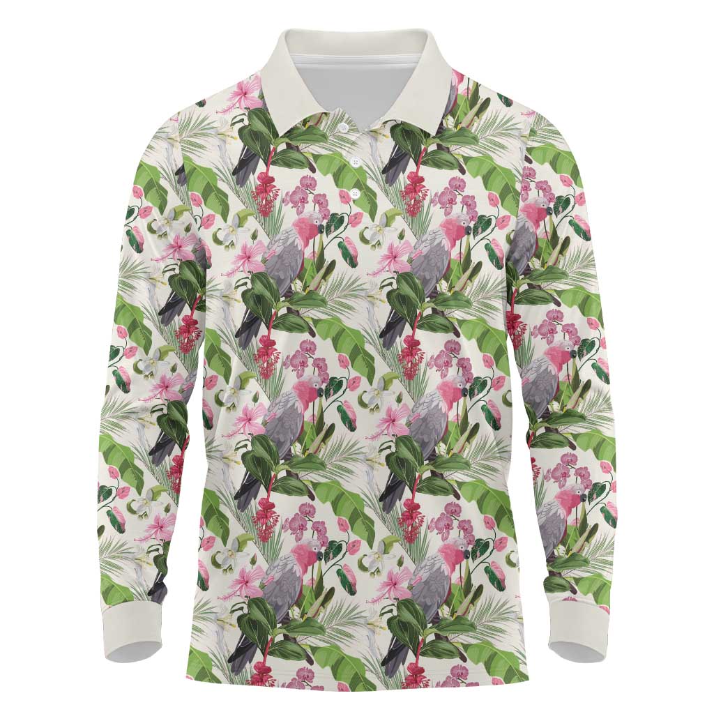 Aussie Pink Cockatoo Flowers Seamless Pattern Long Sleeve Polo Shirt - Aussie Hoodie