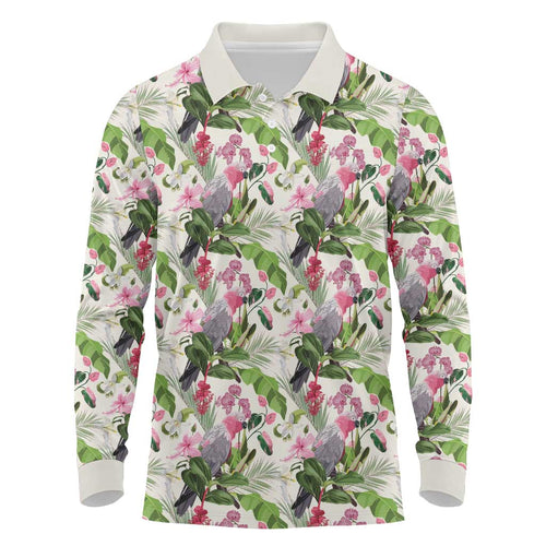 Aussie Pink Cockatoo Flowers Seamless Pattern Long Sleeve Polo Shirt - Aussie Hoodie