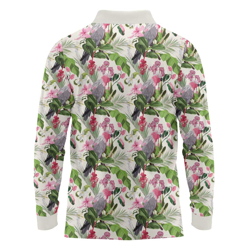 Aussie Pink Cockatoo Flowers Seamless Pattern Long Sleeve Polo Shirt - Aussie Hoodie