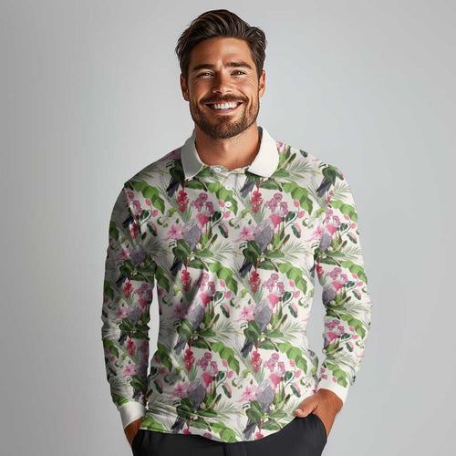 Aussie Pink Cockatoo Flowers Seamless Pattern Long Sleeve Polo Shirt - Aussie Hoodie