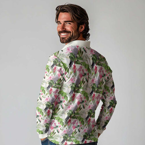 Aussie Pink Cockatoo Flowers Seamless Pattern Long Sleeve Polo Shirt - Aussie Hoodie