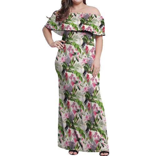 Aussie Pink Cockatoo Flowers Seamless Pattern Off Shoulder Maxi Dress - Aussie Hoodie