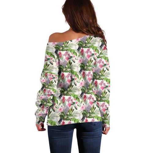 Aussie Pink Cockatoo Flowers Seamless Pattern Off Shoulder Sweater - Aussie Hoodie