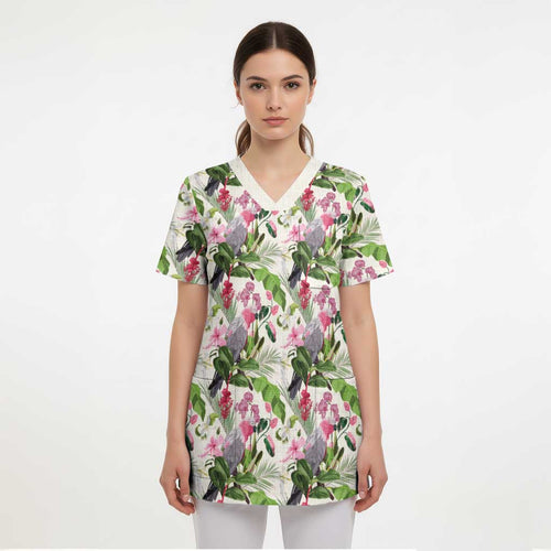 Aussie Pink Cockatoo Flowers Seamless Pattern Scrub Top - Aussie Hoodie
