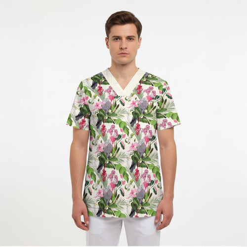 Aussie Pink Cockatoo Flowers Seamless Pattern Scrub Top - Aussie Hoodie