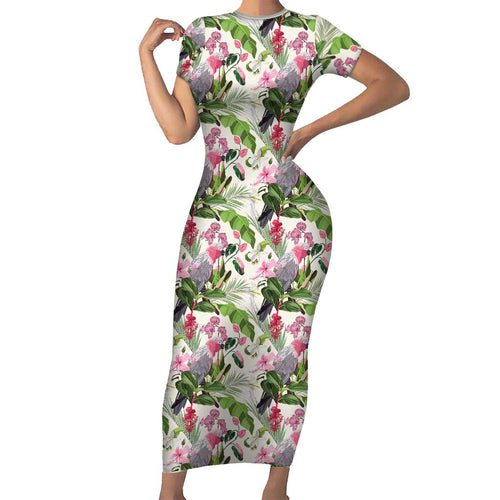 Aussie Pink Cockatoo Flowers Seamless Pattern Short Sleeve Bodycon Dress - Aussie Hoodie
