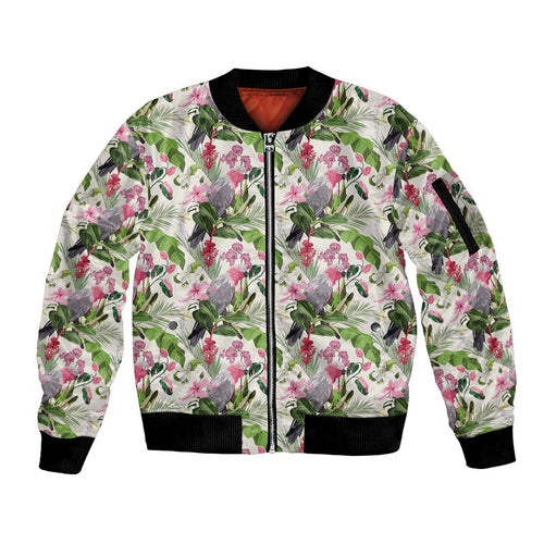 Aussie Pink Cockatoo Flowers Seamless Pattern Sleeve Zip Bomber Jacket - Aussie Hoodie