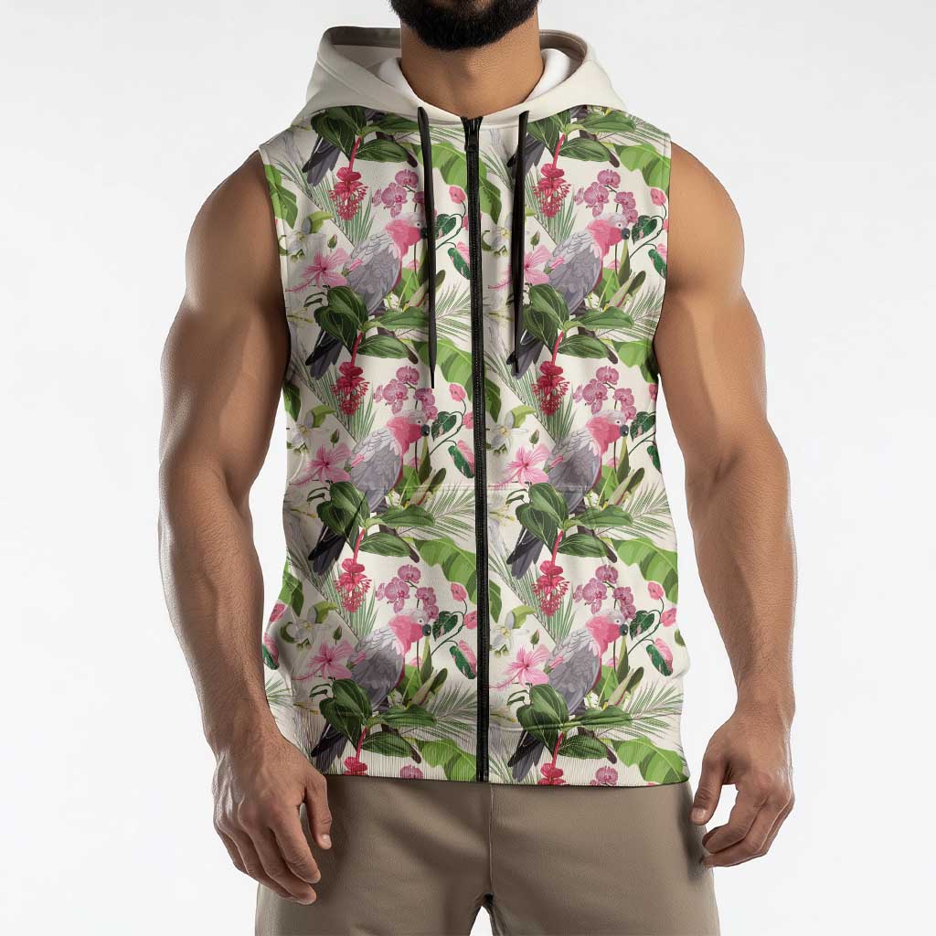 Aussie Pink Cockatoo Flowers Seamless Pattern Sleeveless Zip Hoodie - Aussie Hoodie