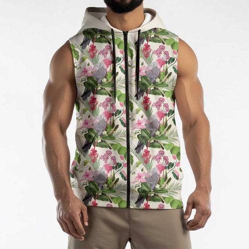 Aussie Pink Cockatoo Flowers Seamless Pattern Sleeveless Zip Hoodie - Aussie Hoodie