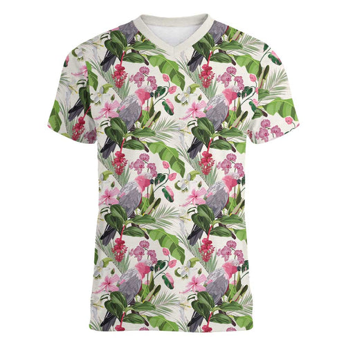 Aussie Pink Cockatoo Flowers Seamless Pattern Women V-Neck T-Shirt - Aussie Hoodie