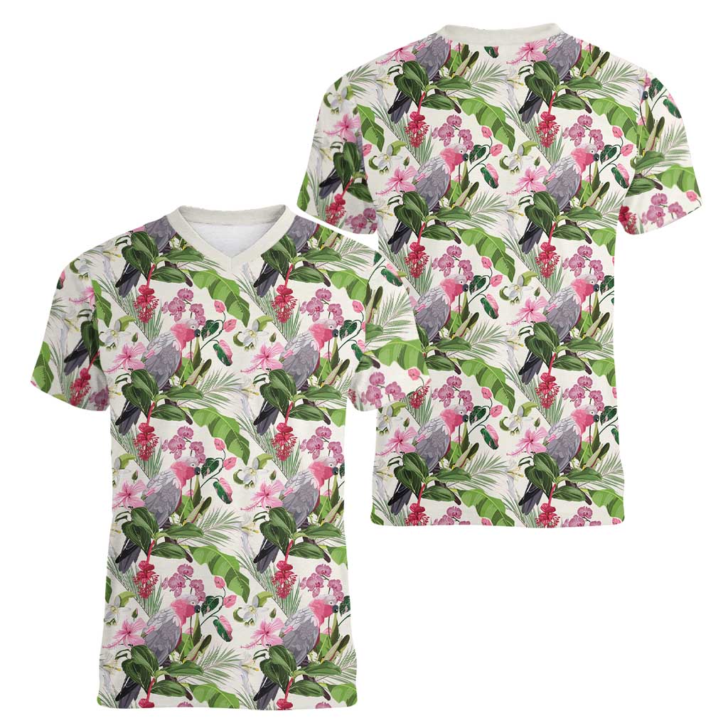 Aussie Pink Cockatoo Flowers Seamless Pattern Women V-Neck T-Shirt - Aussie Hoodie