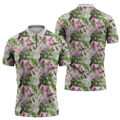 Aussie Pink Cockatoo Flowers Seamless Pattern Zipper Polo Shirt - Aussie Hoodie