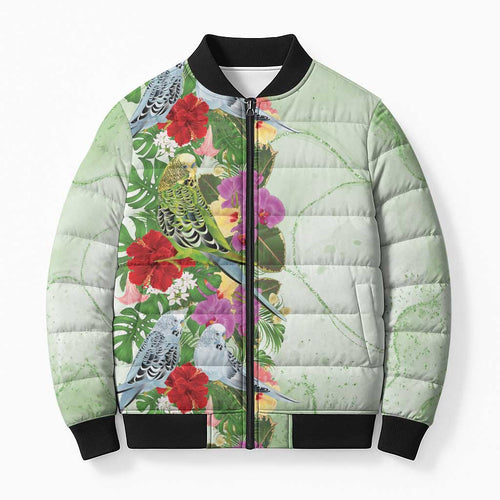 Aussie Budgies Blue And Green Tropical Birds Bomber Puffer Jacket - Aussie Hoodie