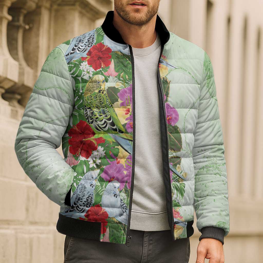 Aussie Budgies Blue And Green Tropical Birds Bomber Puffer Jacket - Aussie Hoodie