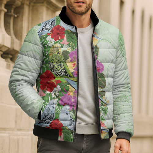Aussie Budgies Blue And Green Tropical Birds Bomber Puffer Jacket - Aussie Hoodie