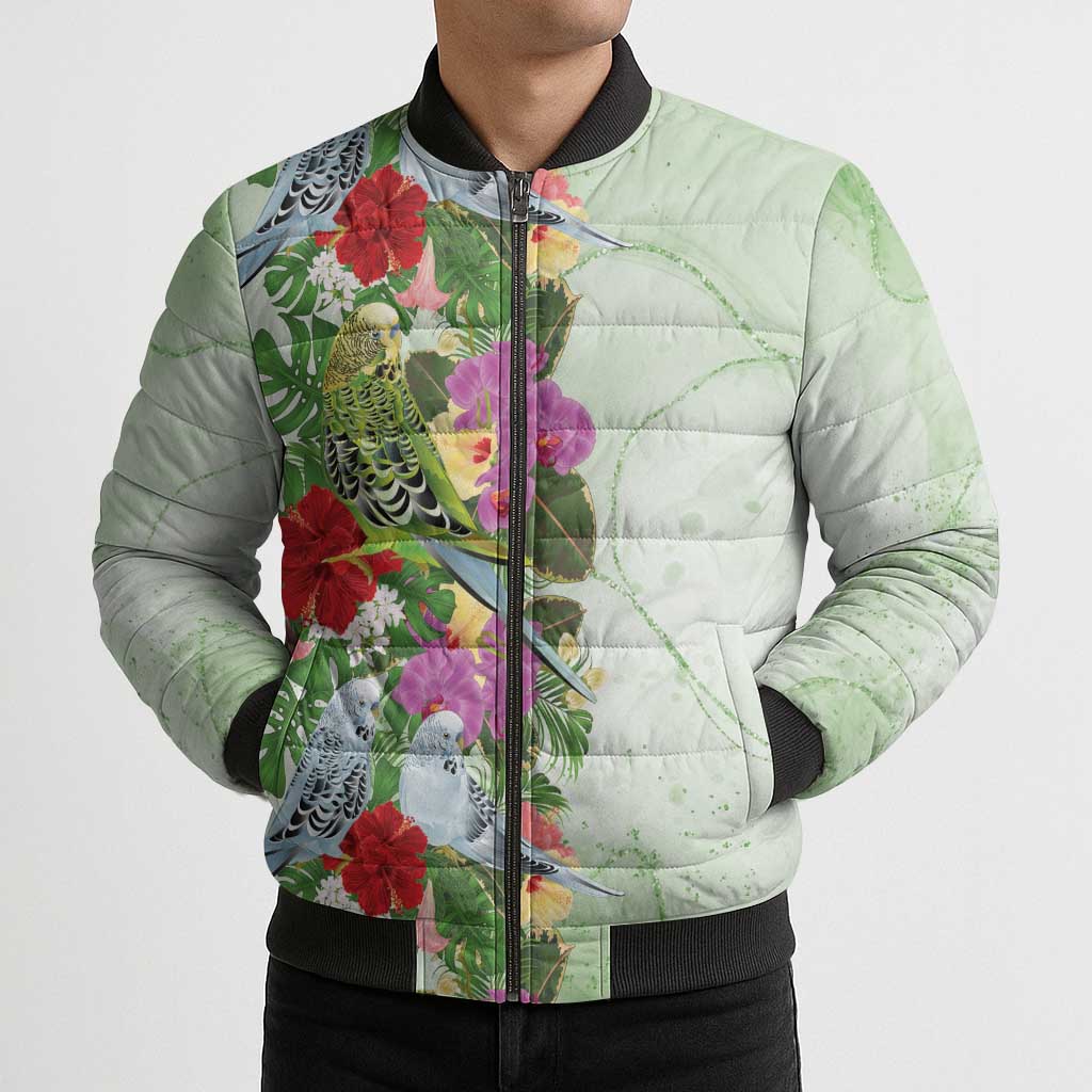 Aussie Budgies Blue And Green Tropical Birds Bomber Puffer Jacket - Aussie Hoodie
